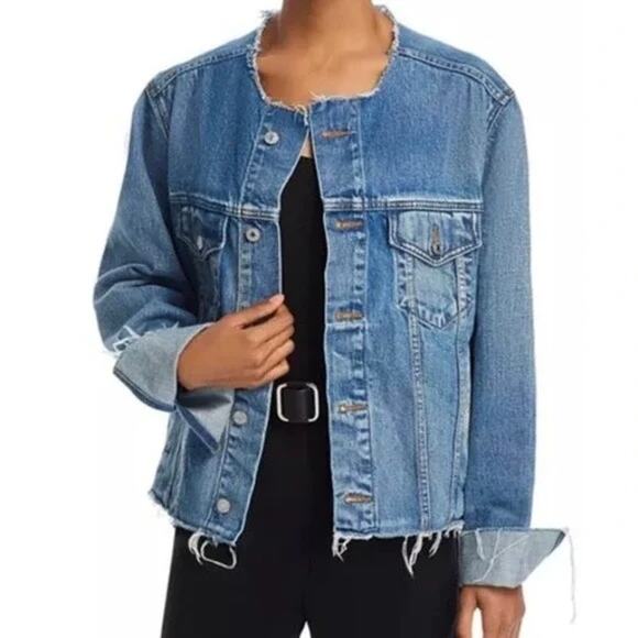 Levi's Medium Wash Altered Trucker Cut Off Raw Hem Collarless Denim Jacket SZ M - Picture 2 of 10